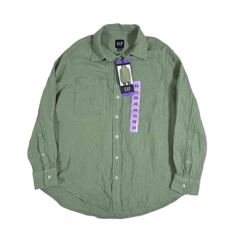 Gap Womens Sage Green Crinkle Gauze Shirt XS 100% Cotton Button Up